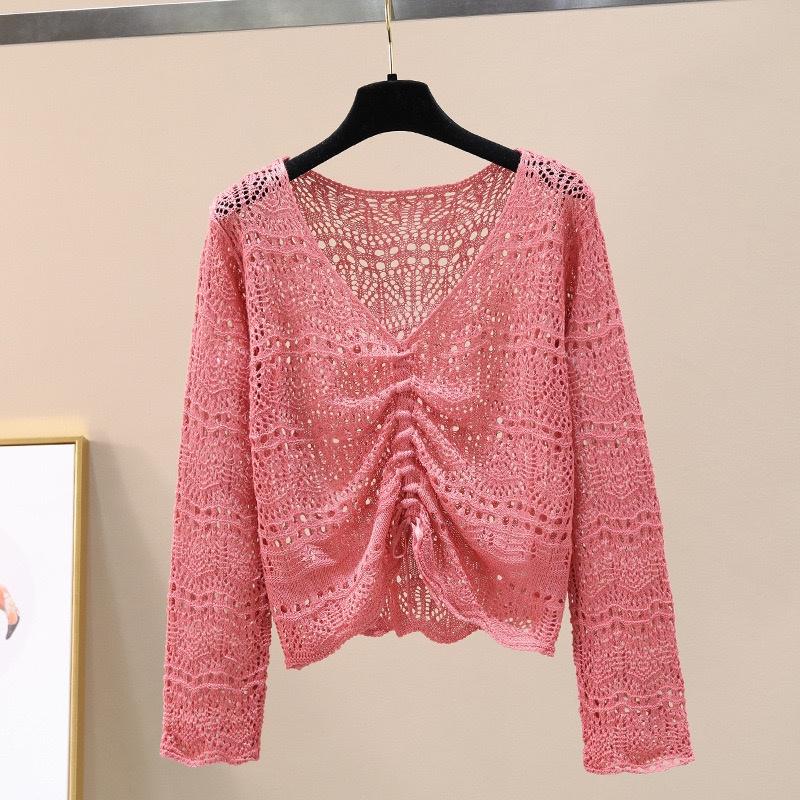 Áo khoác len lưới nữ dáng rộng tay dài kiểu cổ V dệt kim đi biển thời trang thiết kế Quảng Châu trẻ trung