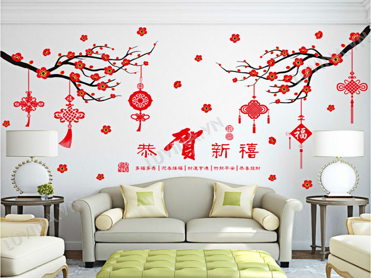 Decal trang trí tết- cành đào đỏ treo dây tài lộc