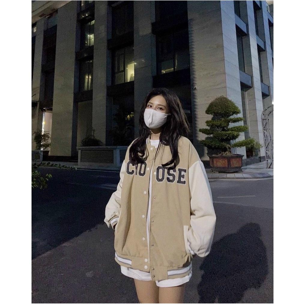 Áo Khoác Bomber Nhung Tăm Gân Thêu 2 Lớp CHOOSE Form Rộng Unisex Nam Nữ