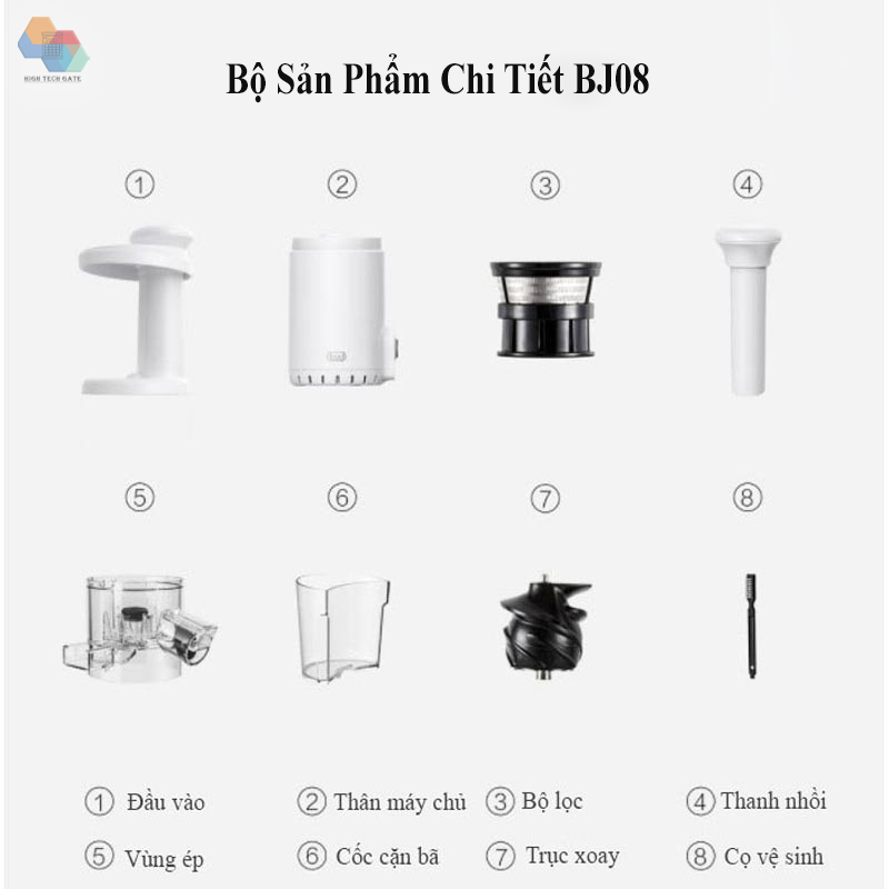 Máy Ép Chậm trái cây mini BUD BJ08 cơ chế hai kênh, tách rời bã cặn riêng biệt, tốc độ 60 vòng/phút