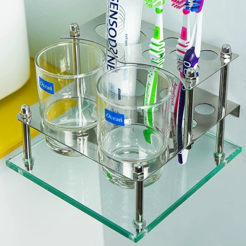 Kệ Đựng Kem Đánh Răng, Kệ Ly Đôi Kiếng Cường Lực, Thanh Inox 304 Siêu Bền