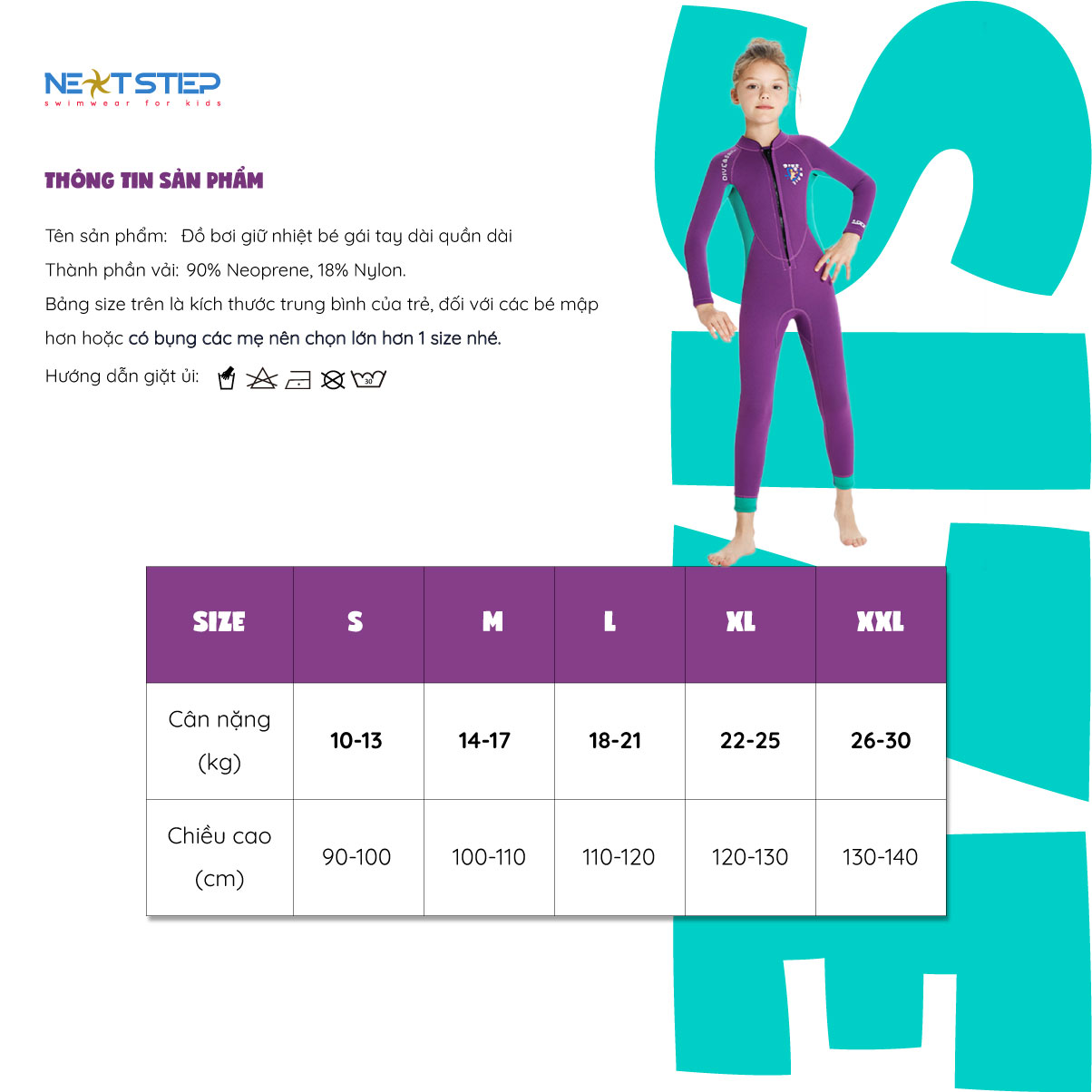 Đồ bơi giữ nhiệt cho bé gái chống nắng UPF50+ chống thấm nước, cao su Neoprene dày 2.5mm bảo vệ tốt cho bé