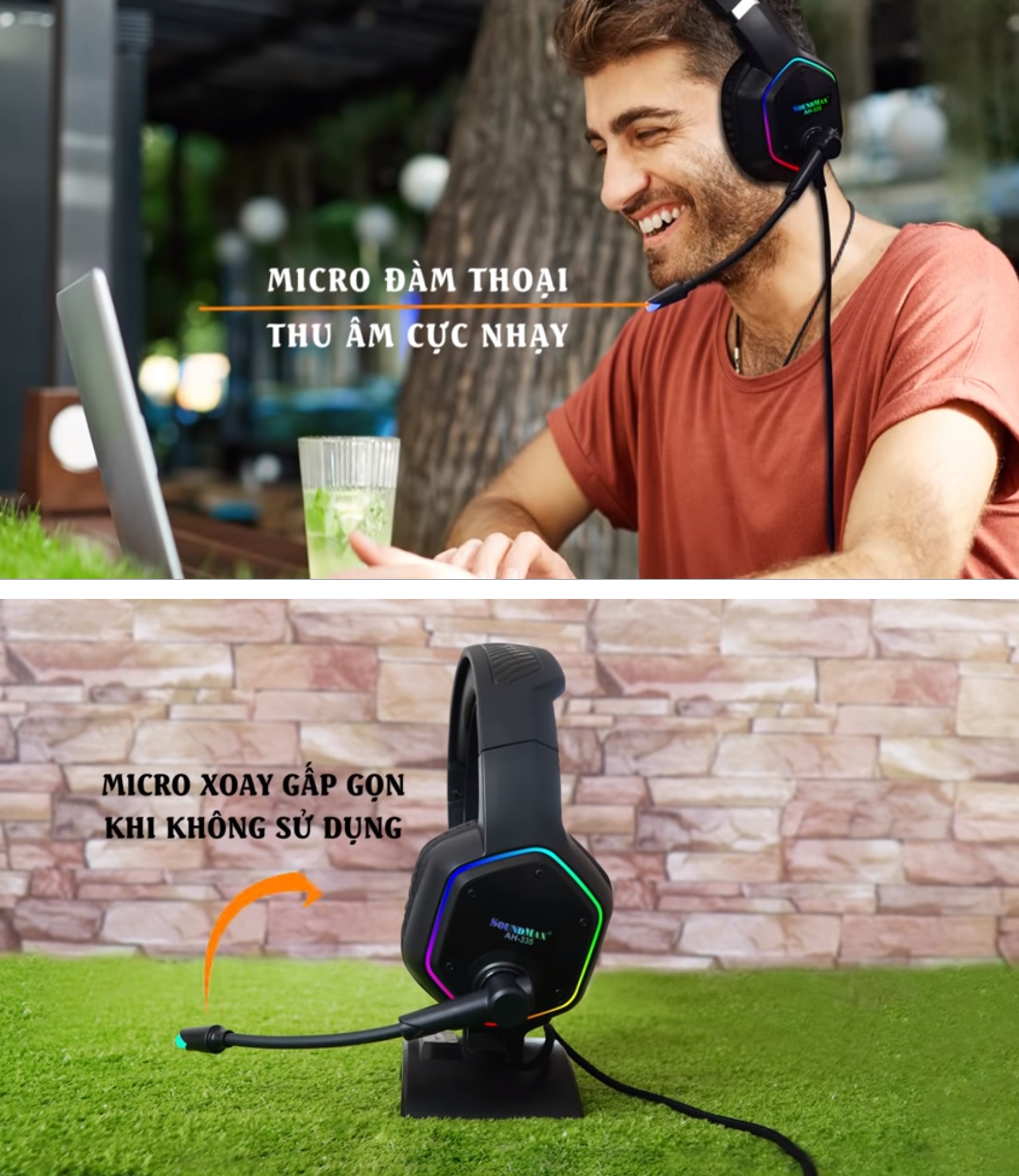 Tai nghe gaming chụp tai 2 chân 3.5mm đèn LED hiện đại SOUNDMAX AH-335 - Hàng chính hãng