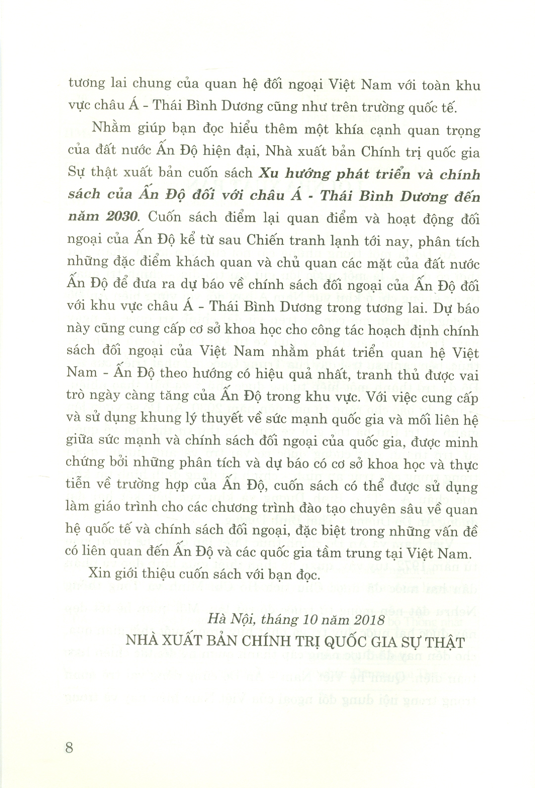 Xu Hướng Phát Triển Và Chính Sách Của Ấn Độ Đối Với Châu Á - Thái Bình Dương Đến Năm 2030 (Sách Chuyên Khảo)