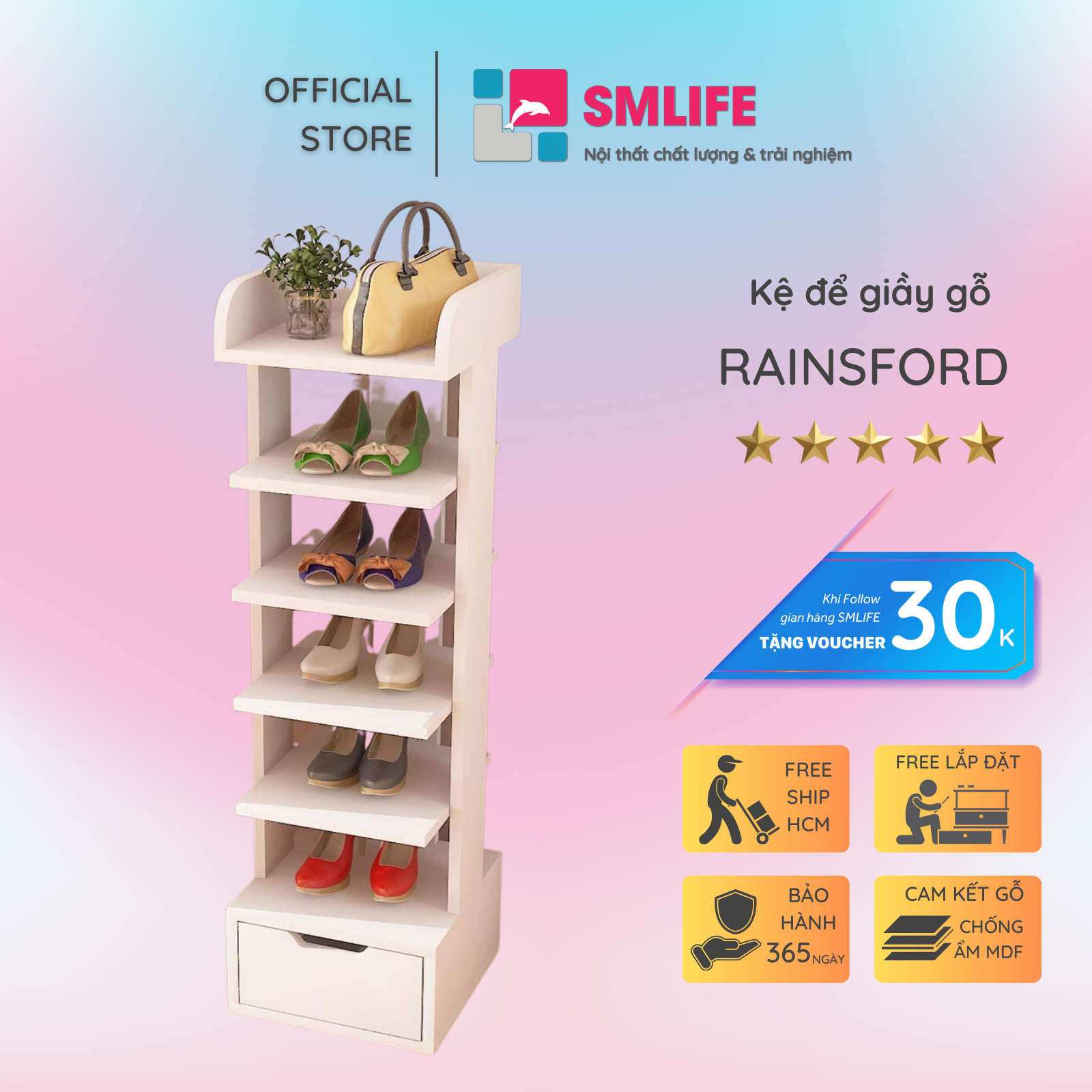 Kệ để giầy gỗ hiện đại SMLIFE Rainsford | Gỗ MDF dày 17mm chống ẩm | D30xR30xC110cm