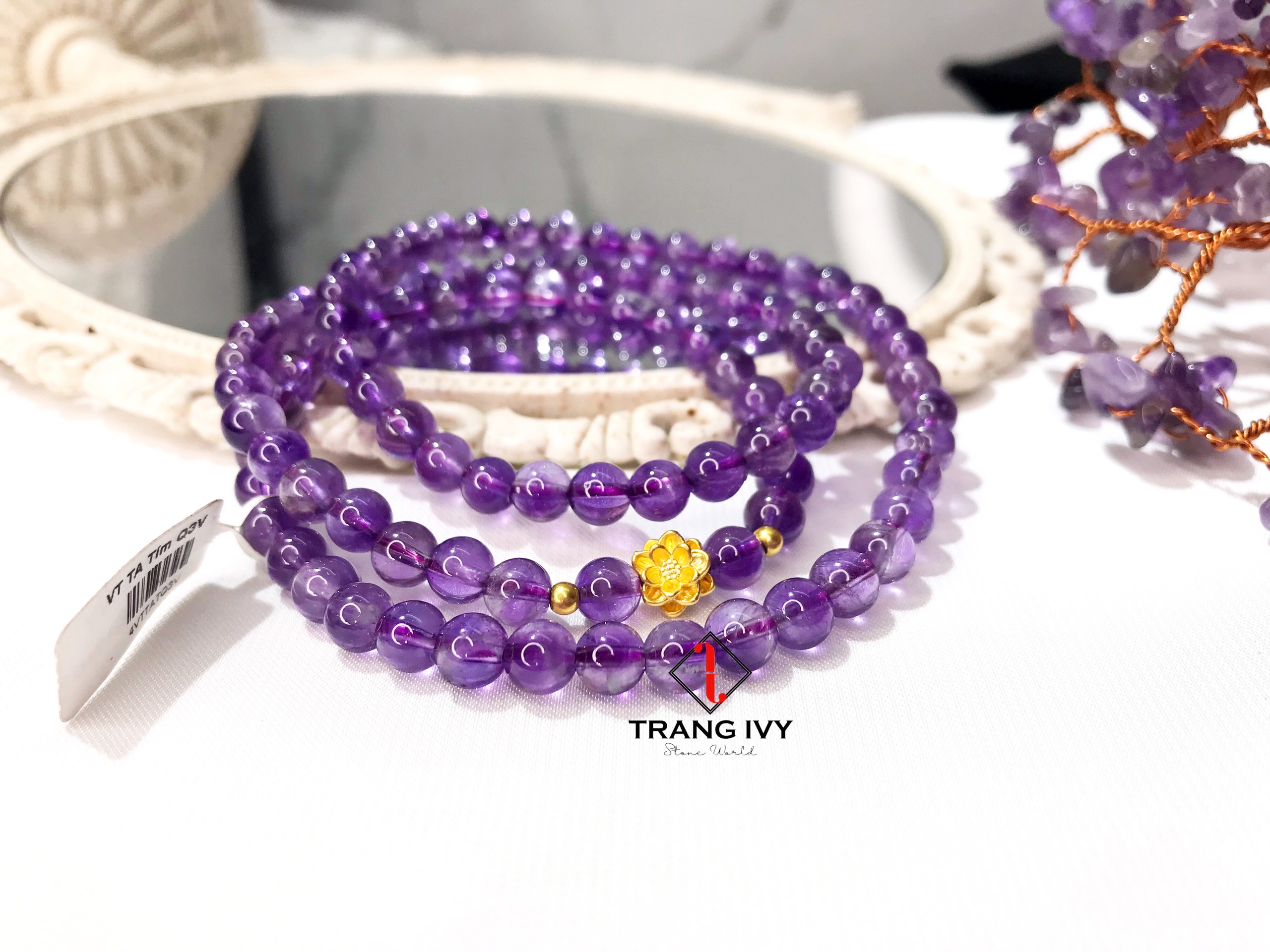 Vòng tay thạch anh tím mix Hoa sen vàng 24k