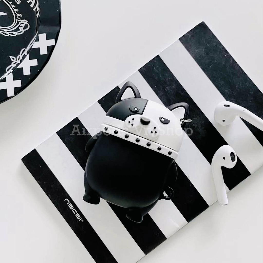 Bao Case Ốp dành cho Airpods 1/2, i11, i12 bulldog đen đeo khuyên tai siêu ngầu silicon cao cấp