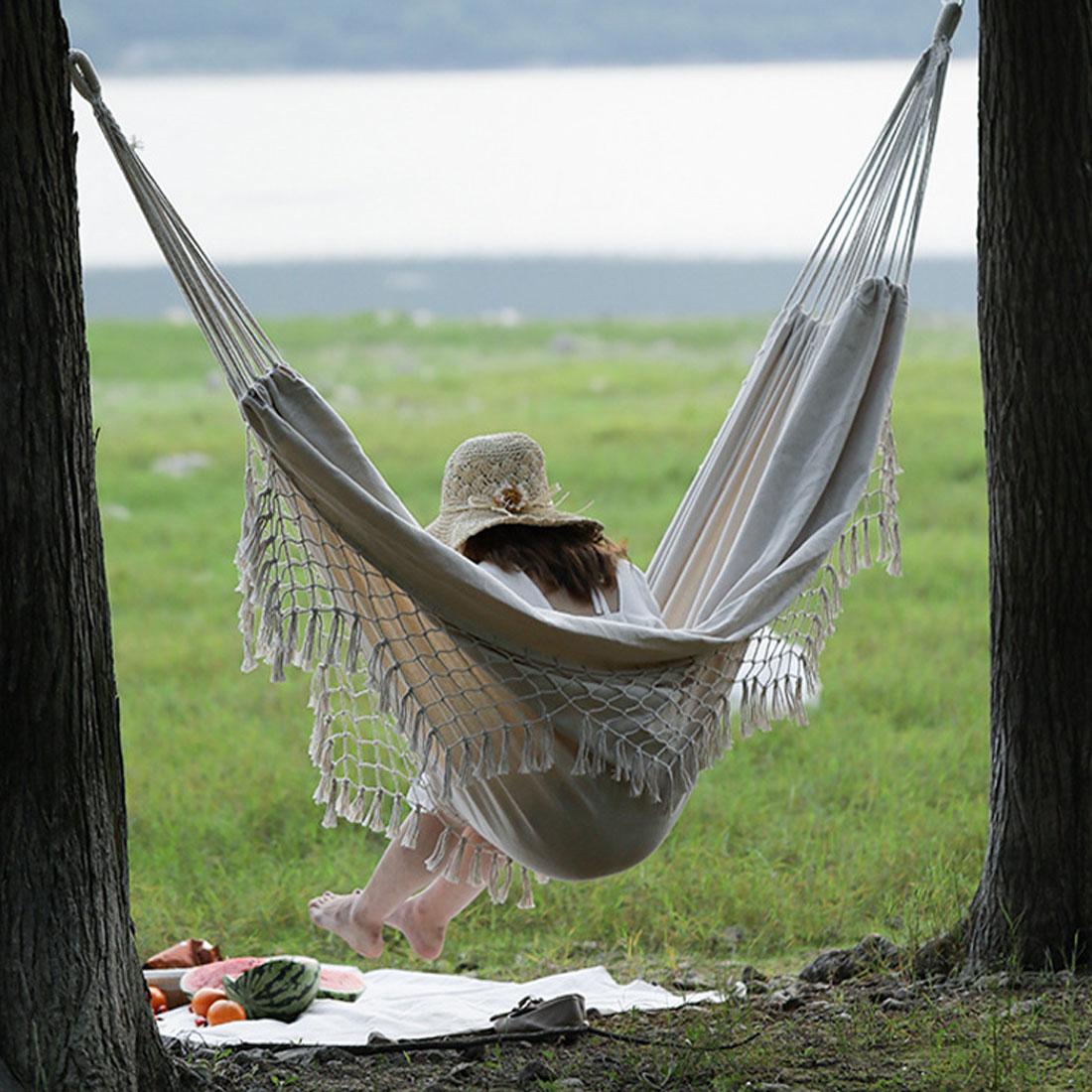 Võng Đu Ngoài Trời/Trong Nhà Trang Trí Sân Vườn Macrame Tua Rua Đôi Võng Đầm Xòe Lưới Ghế Cắm Trại Treo Võng