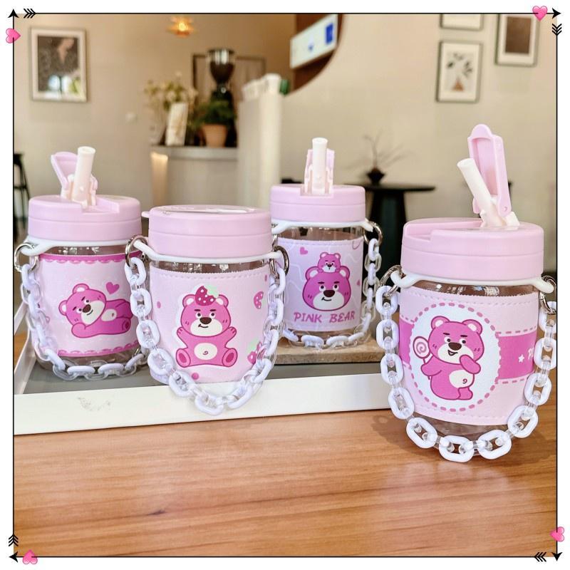 Bán Chạy Nhất Cốc Thủy Tinh Dễ Dàng Mang Theo Gấu Dâu Tây / Có Nắp Và Một Bao Da Cách Nhiệt / Với Dây Xích / Với Ống Hút