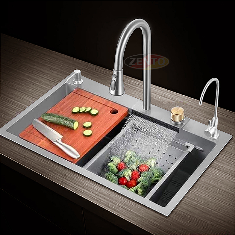 Chậu rửa bát thác nước 1 hố kèm vòi đa chế độ dòng chảy nước kèm bộ phụ kiện inox 304 cao cấp