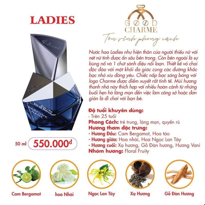 Nước hoa nữ cao cấp, Charme Ladies, hương nước hoa chính hãng, mùi hương quyến rũ, lưu hương cả ngày, 50ml