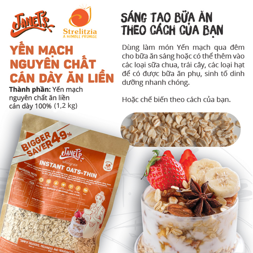 Yến mạch nguyên chất ăn liền cán dày Janet's 1.2kg