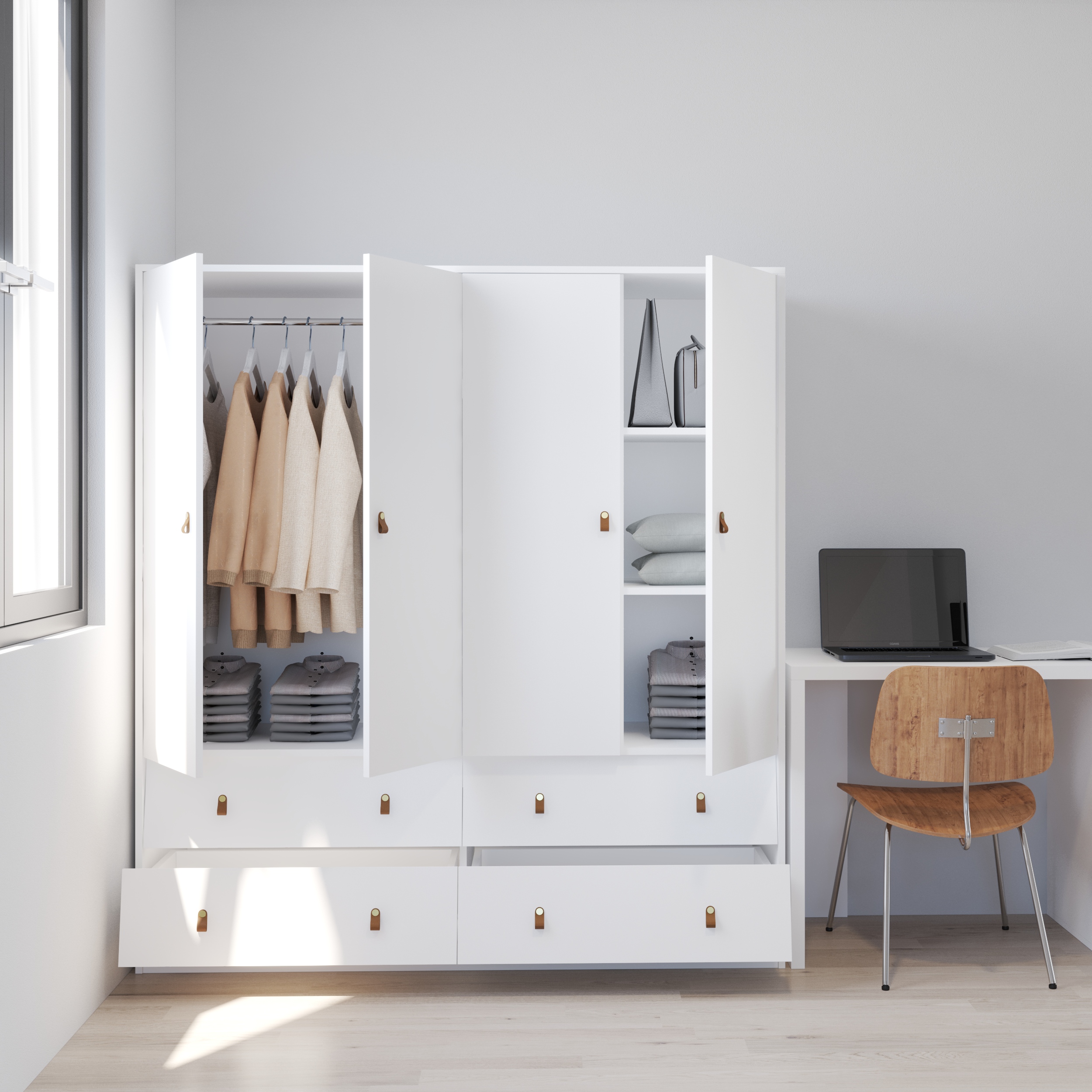 HAPPY FURNITURE , Tủ quần áo 4 cửa mở 4 ngăn kéo - CALYN , TCM_254 , 160cm x 54cm x 174cm DxRxC