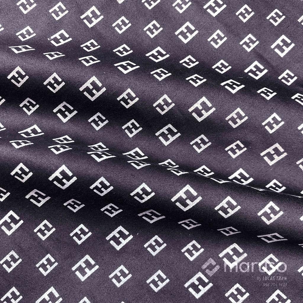 Bộ cộc quần áo nam đen chất linen bóng mịn cổ tàu họa tiết chữ F