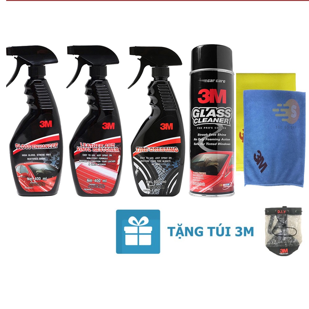 Bộ 5 sản phẩm 3M chai xịt bảo dưỡng nội thất 39040LT, bảo dưỡng lốp 39042LT, tăng độ bóng sơn 39034LT, rửa kính ô tô 08888 và khăn lau chuyên dụng SQ21 Tặng kèm túi 3M
