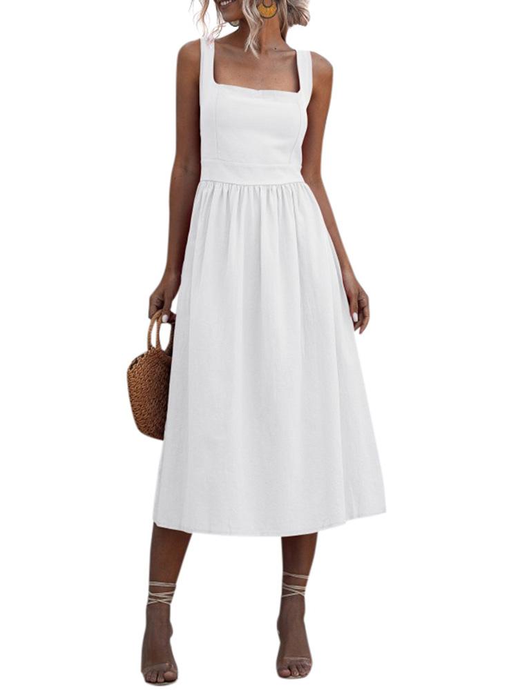Women Dress Solid Color Square Neck Sleeveless High Waist A-Line Open Back Elegant Beach Party One-piece