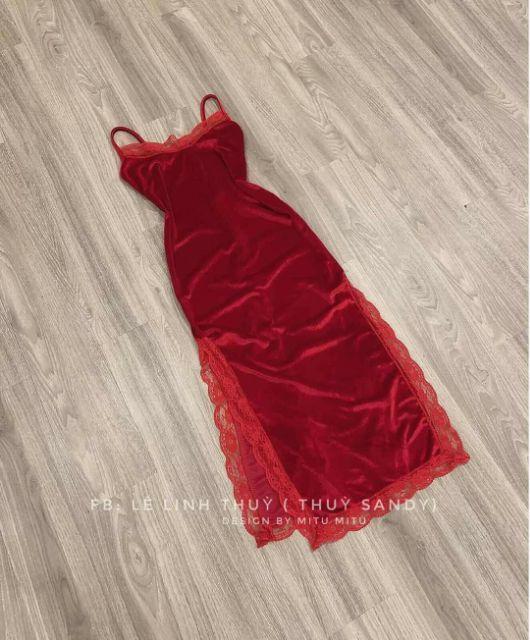 Đầm maxi 2 dây nhung viền ren