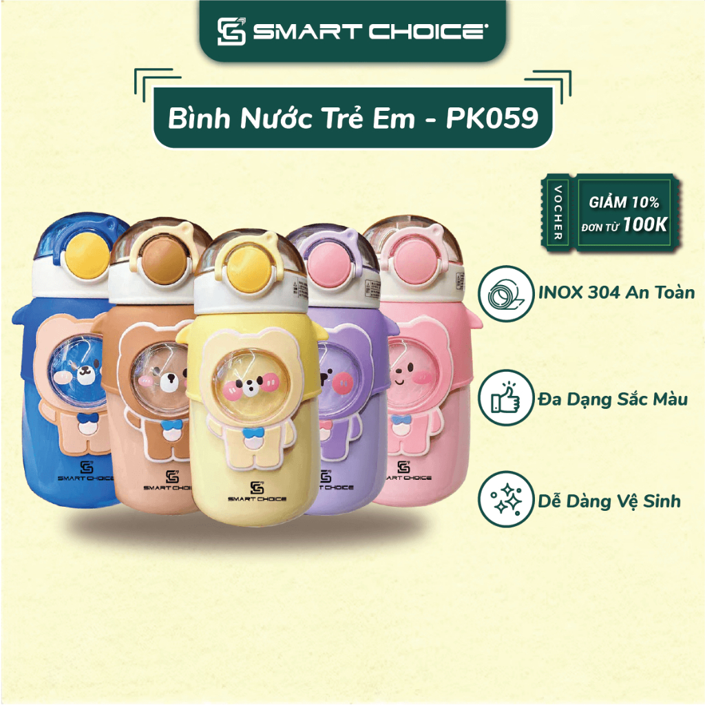 Bình Nước Inox Cho Bé SMARTCHOICE 600ML Dễ Thương In Hình Hoạt Hình Có Dây Đeo Tiện Lợi SCG-PK059