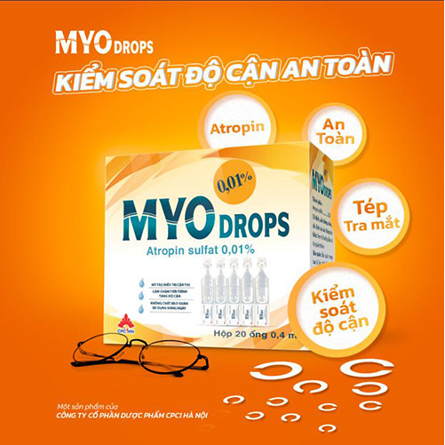 Tép tra mắt vô trùng hỗ trợ làm chậm tiến trình tăng độ cận MYOdrops chứa Atropin sulfat 0.01%  (Hộp 20 ống x 0.4 ml)