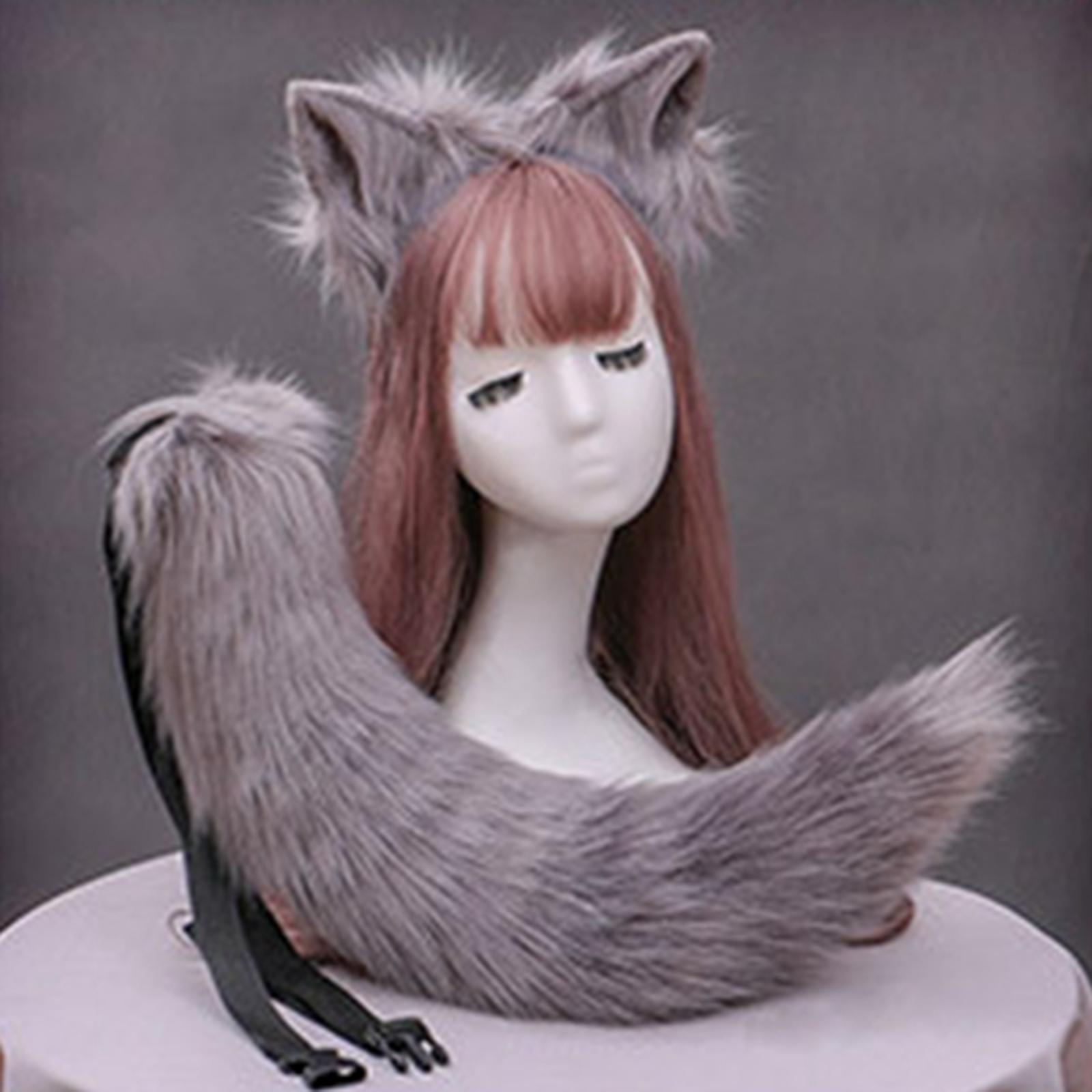 2Pcs Plush Fox Ears and Tail Set Faux Fur Long Tails Cosplay Party Prop