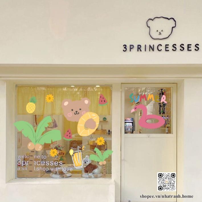 Hình dán gấu mùa hè aesthetic trang trí gương, kính cửa hàng cute 13
