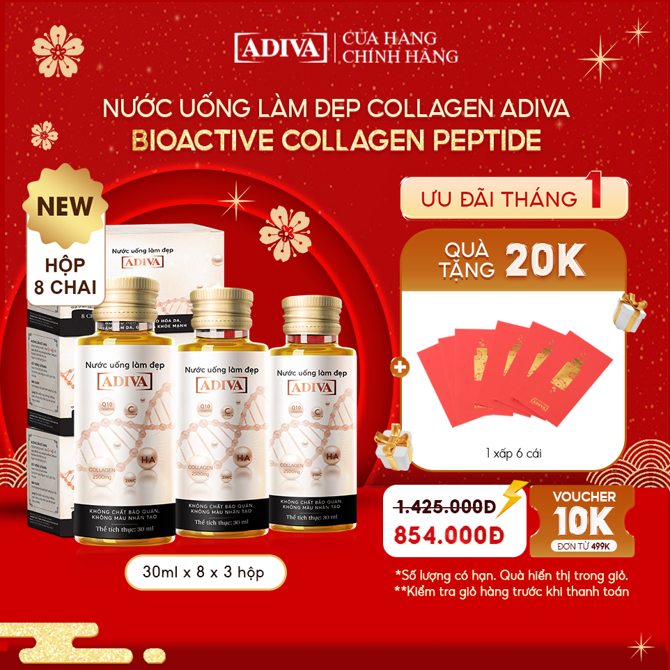 Combo 3 Hộp Nước Uống Làm Đẹp Collagen ADIVA (8 Chai/Hộp)- Giúp Làn Da Săn Chắc, Ảm Mịn Và Căng Bóng