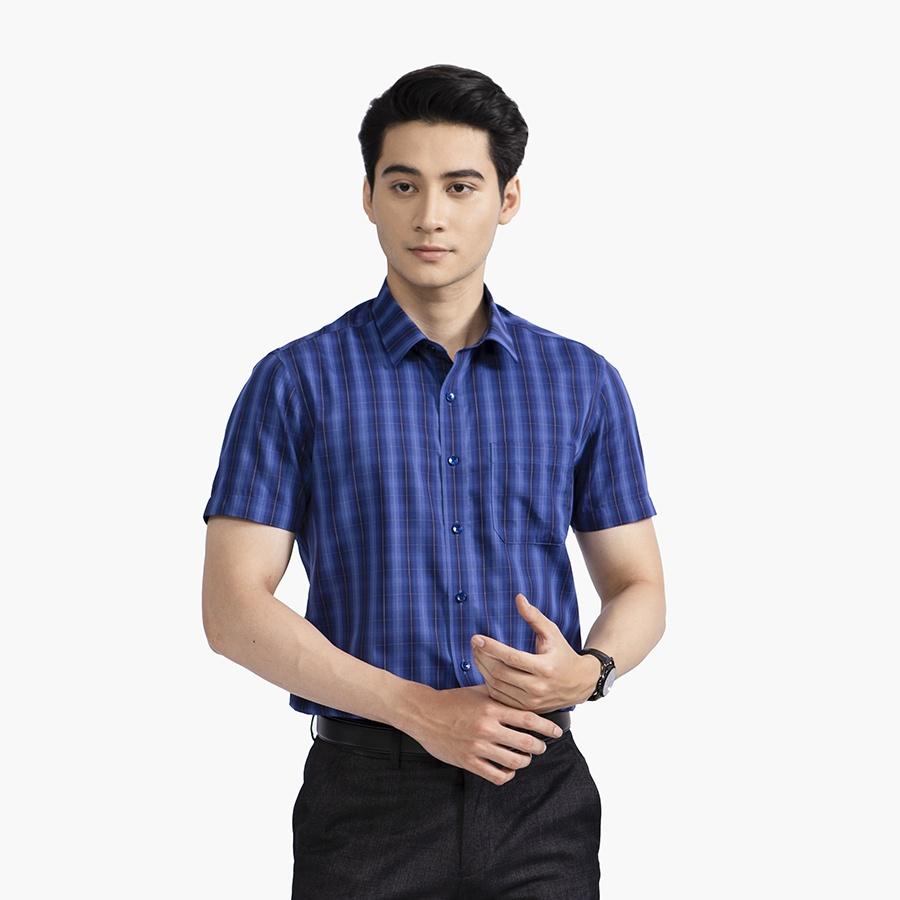 Áo sơ mi nam ngắn tay ARISTINO phom Perfect fit, xanh tím than kẻ trắng nổi bật - ASS315S2