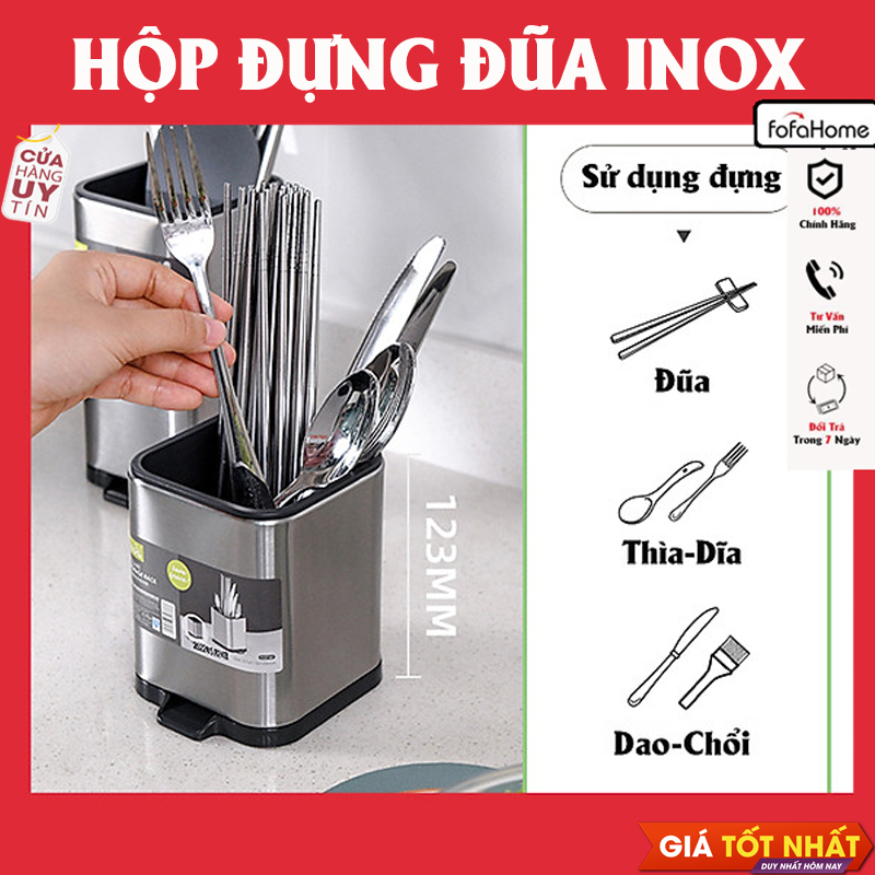 Ống Cắm Thìa Đũa Nhà Bếp Vuông Bằng Inox Không Gỉ Cao 123mm, Có Khe Thoát Nước, Cắm Dao Kéo Tiện Lợi