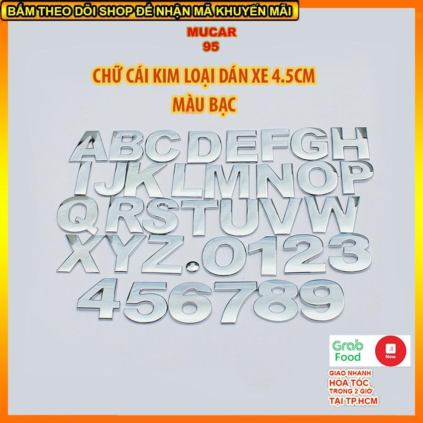 Chữ và số kim loại mạ inox bóng đẹp trang trí xe ô tô màu bạc, cao 4,5cm, chữ dán xe