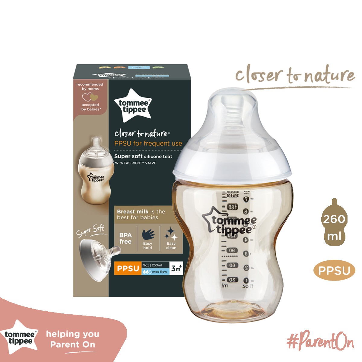 Bình sữa PPSU ty siêu mềm tự nhiên Tommee Tippee Closer to Nature 260ml, núm ty đi kèm 3-6 tháng