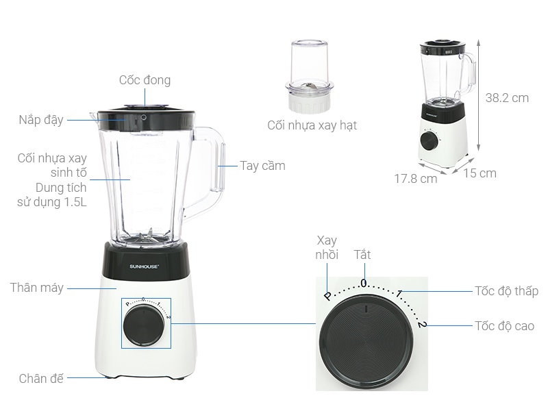Máy xay sinh tố SUNHOUSE SHD5114 công suất 450W siêu khỏe xay được đá viên - Hàng chính hãng