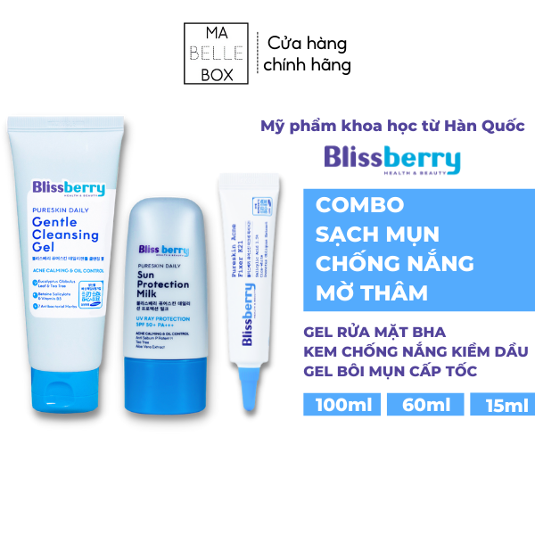 [Quà tặng sữa tắm và 20 viên uống hỗ trợ giảm mụn] Combo Blissberry Gel giảm mụn mờ thâm 15ml, Sữa rửa mặt BHA 100ml và Kem chống nắng kiềm dầu 60ml