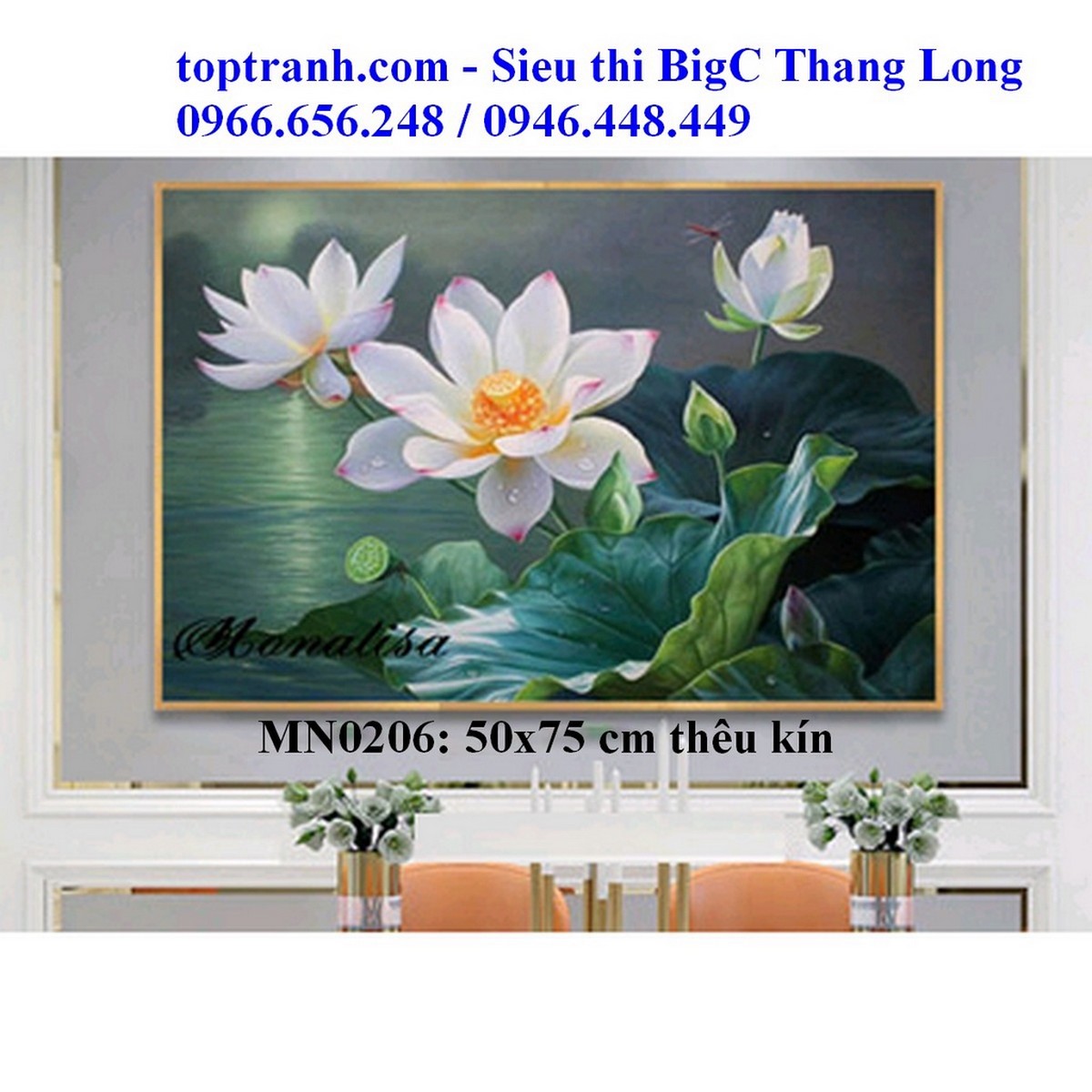 Tranh thêu chữ thập 3 bông hoa sen trằng MN0206 chưa thêu