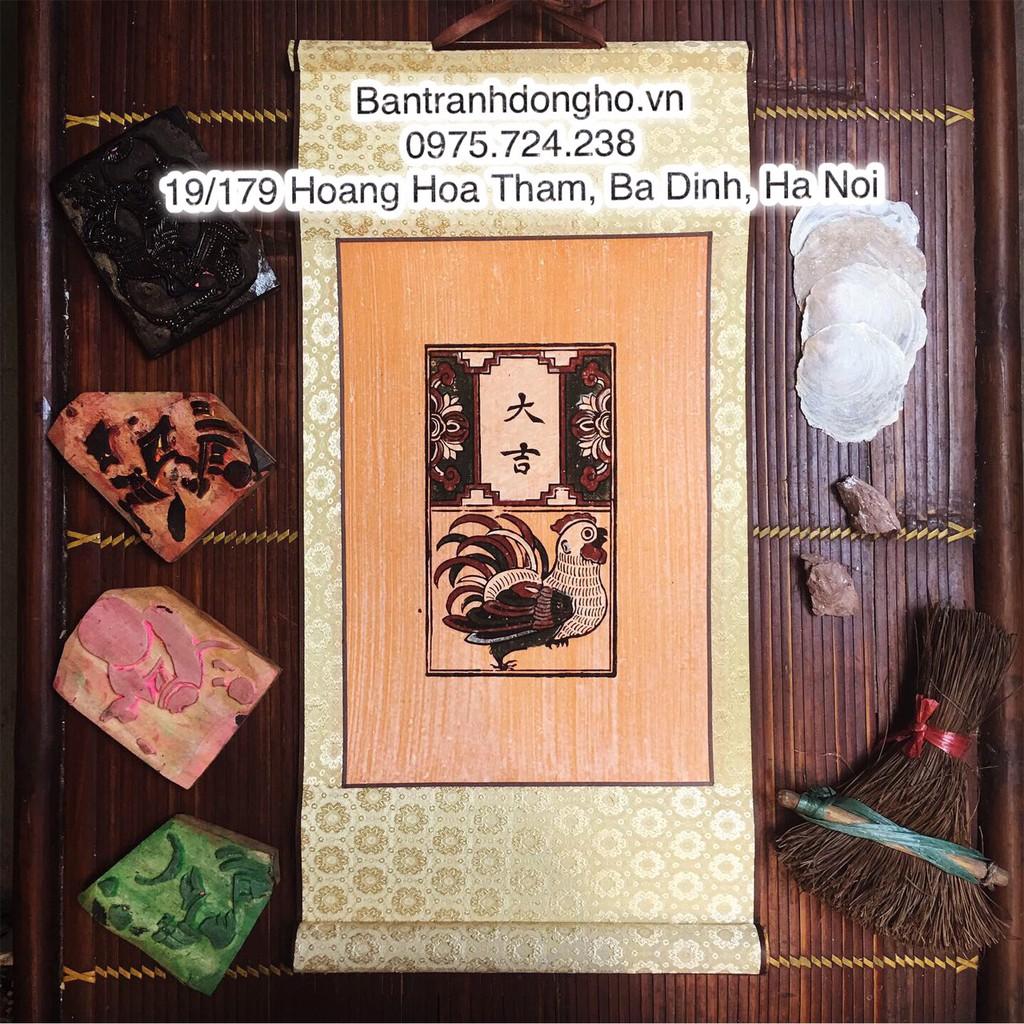 (BLN) Tranh Đông Hồ Gà đại cát - bồi lụa