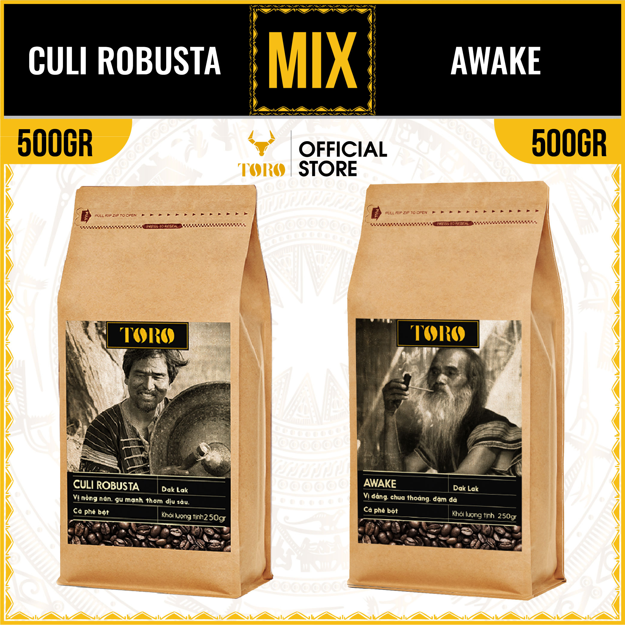 [1KG] Bộ Mix Cà Phê Bột Toro Culi Robusta &amp; Toro Awake Nguyên Chất 100% | 500GR/Gói | TORO FARM