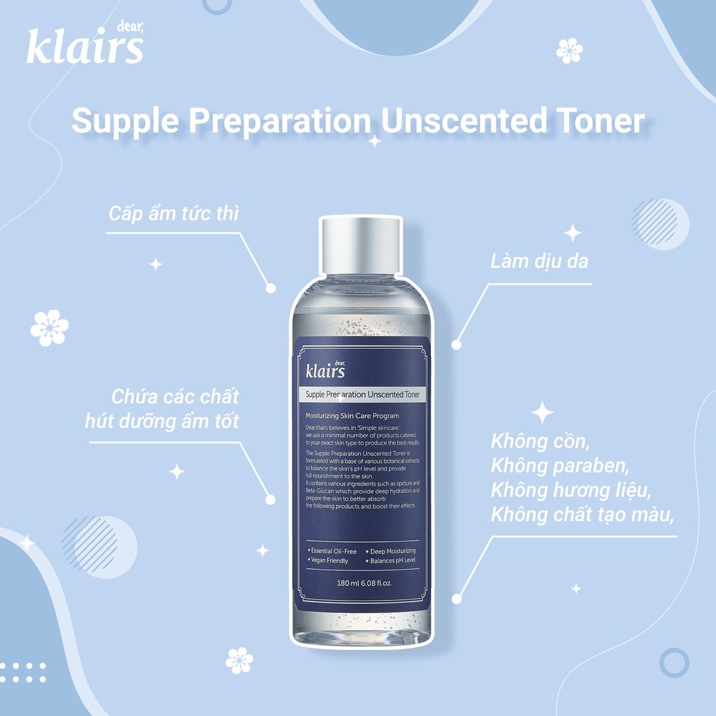 Toner Klairs Nước Hoa Hồng Dear Klairs Supple Preparation Unscented Không Mùi Cân Bằng Da 180ml