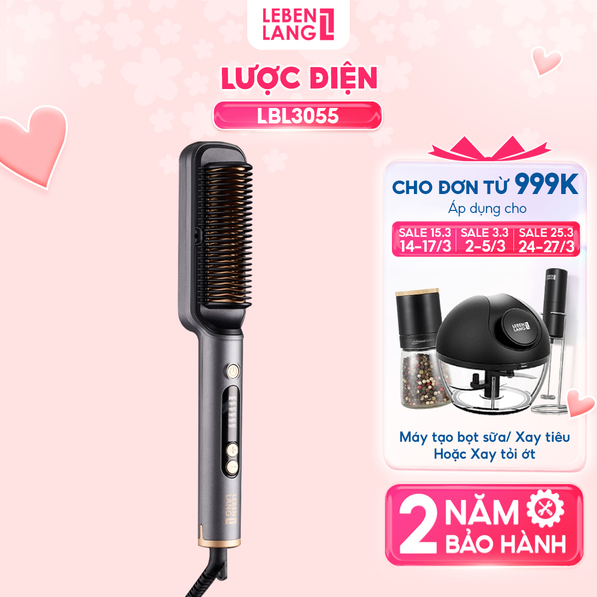 Lược điện chải tóc Lebenlang LBL3055 inon âm chống xơ rối, 30W, 2in1 kèm gương, vào nếp với 6 mức nhiệt, bảo hành 2 năm - hàng chính hãng