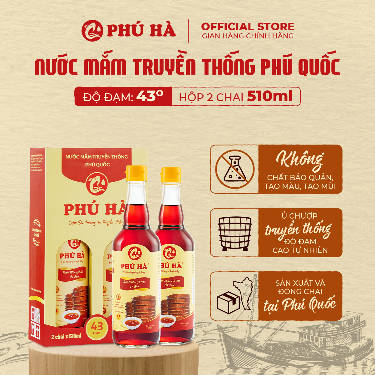 Nước mắm truyền thống Phú Quốc Phú Hà 43 độ đạm - Hộp 2 chai 510ml