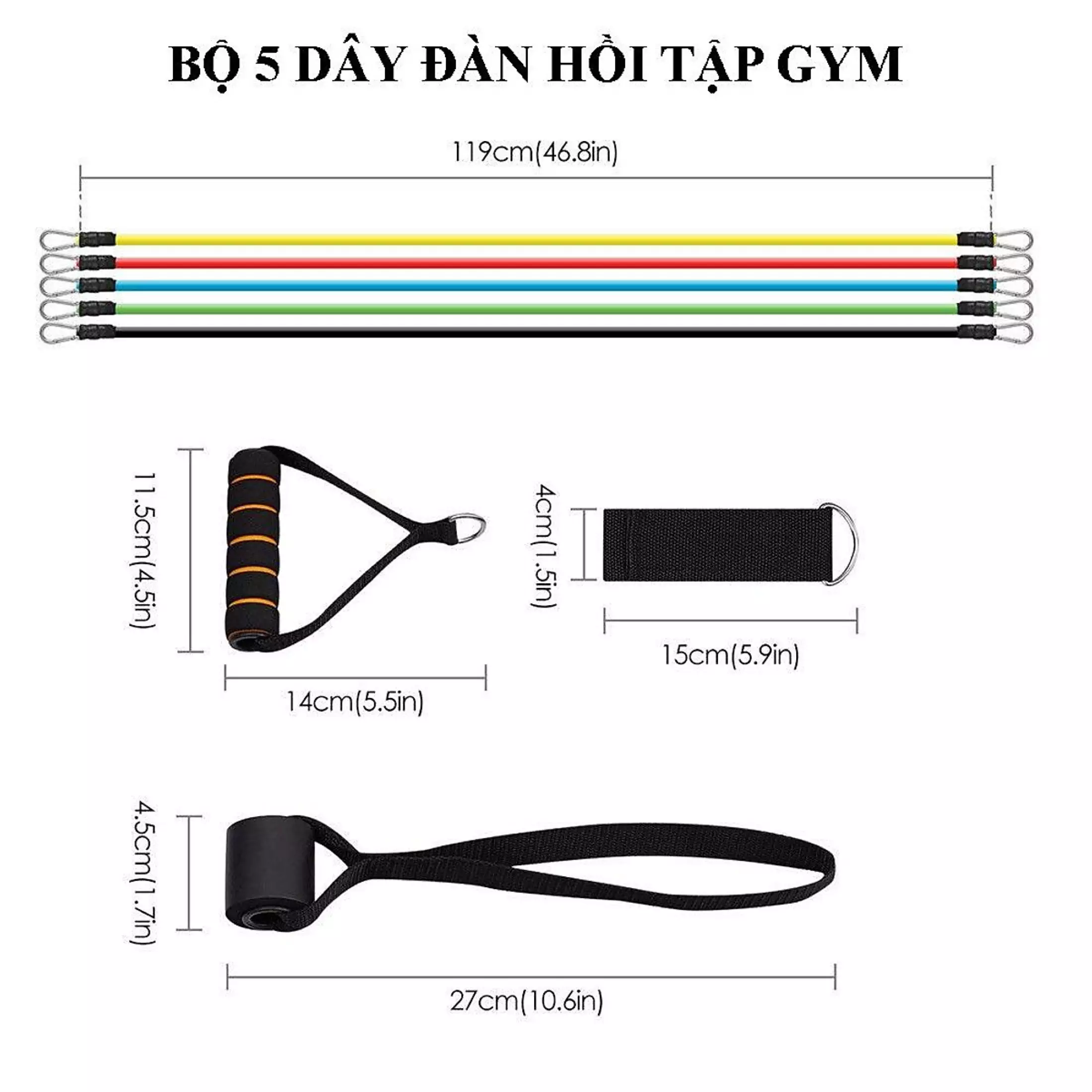 Bộ 5 Dây Tập Gym Ngũ Sắc, Kháng Lực Cao, Tặng Kèm Túi Đựng Chống Nước