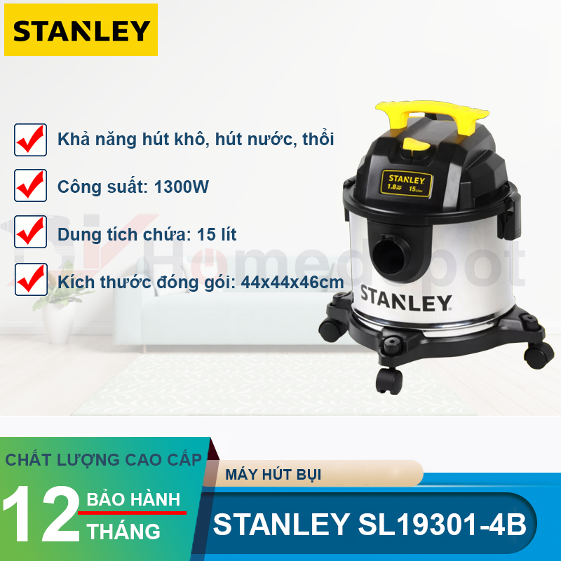 Máy hút bụi gia đình 3 chức năng hút bụi khô/ hút nước/thổi15 lít Stanley SL19301-4B 1.300W - 1.8HP - hàng chính hãng