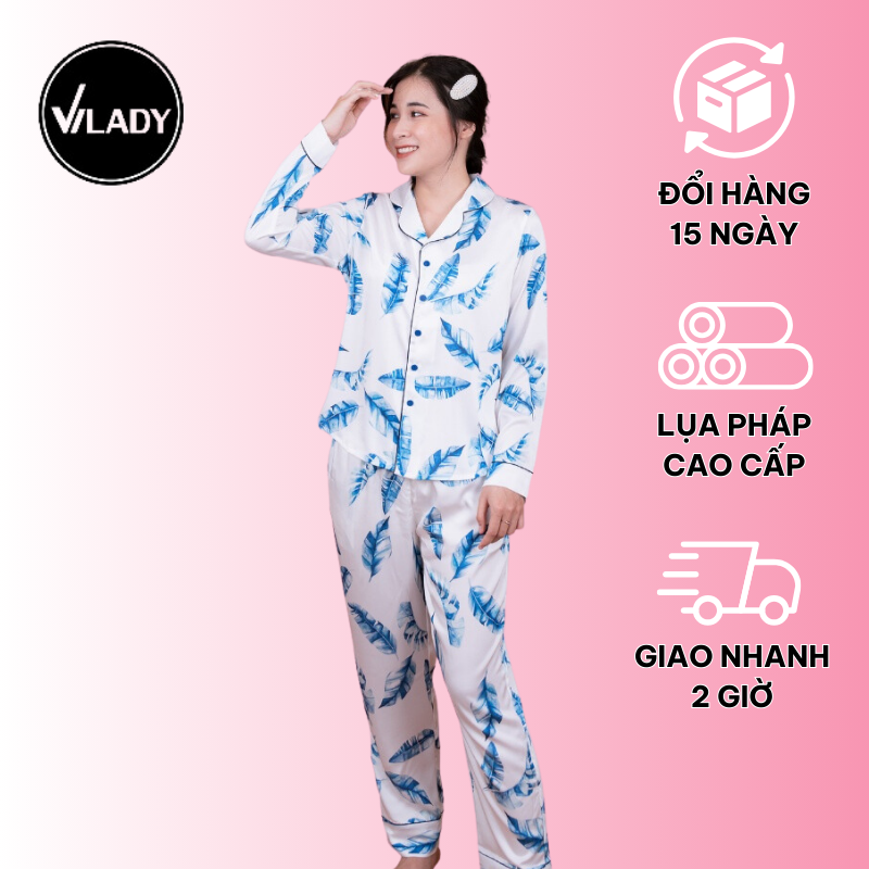 Đồ Bộ Pyjama Nữ, Đồ Mặc Nhà Vilady - B115 Kiểu Tay Dài Quần Dài Họa Tiết Lá Xanh, Chất Liệu Lụa Pháp Lụa Latin Siêu Mát - M