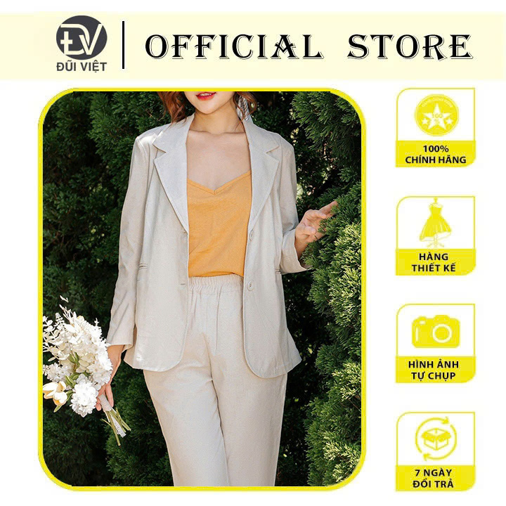 Áo vest blazer nữ suông nhẹ cao cấp Đũi Việt màu be muối tiêu vintage, chất vải linen mịn thoáng,phong cách thời trang công sở DV08