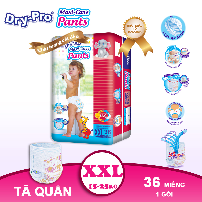 Tã/bỉm quần Dry-Pro siêu thấm hút nhập khẩu Malaysia size XXL36 (15kg - 25kg) - Gói 36 miếng