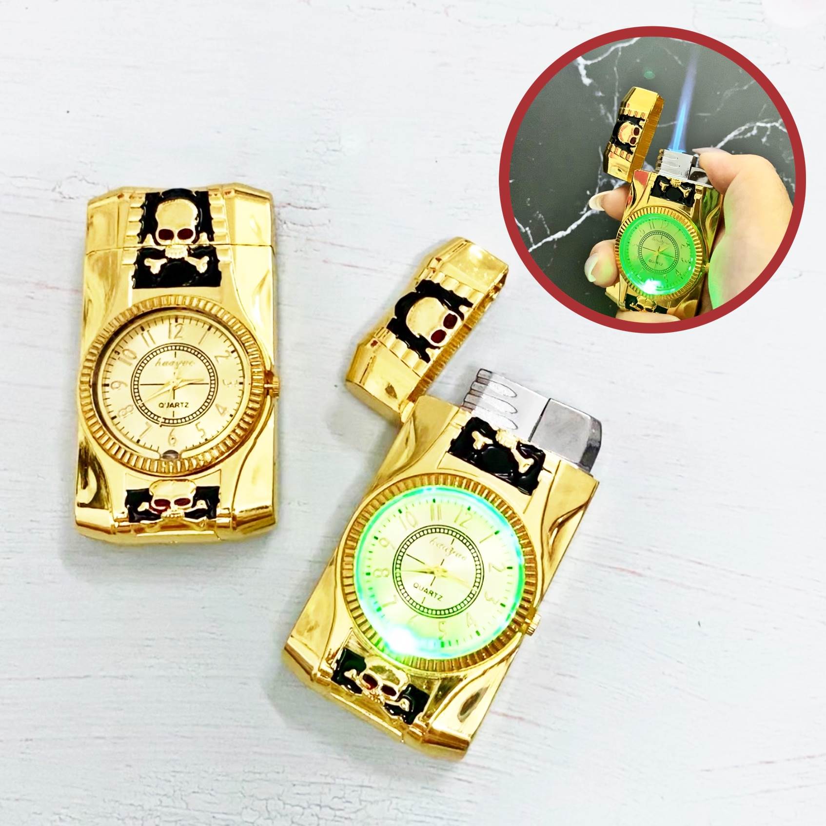 Bật lửa hột quẹt khè đồng hồ 2IN1 hình đầu lâu có đèn Led nhấp nháy - xài ga
