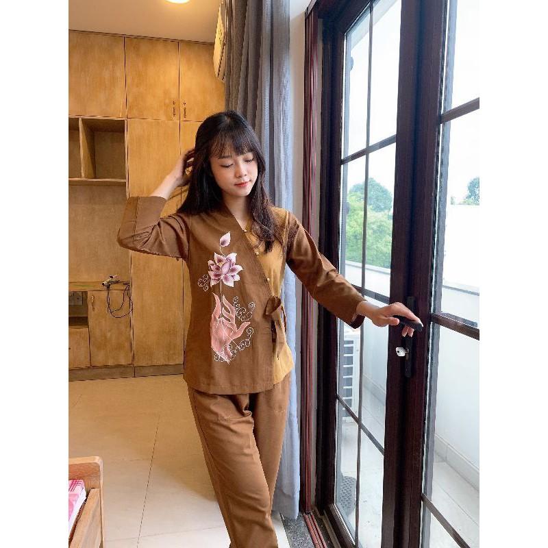 đồ bộ đi chùa.đồ bộ nữ mẫu chéo nhật nơ vẽ sen