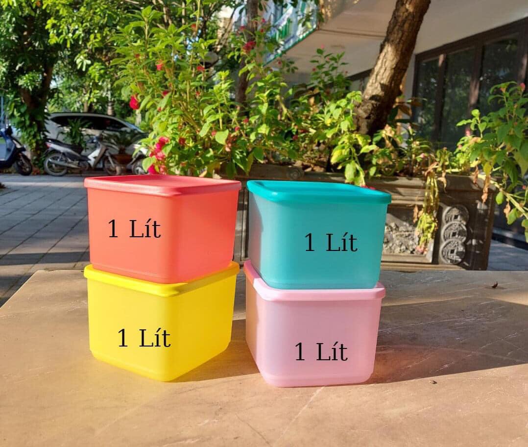 Bộ 4 hộp trữ mát Medium Square Round Tupperware 1L (màu mới)