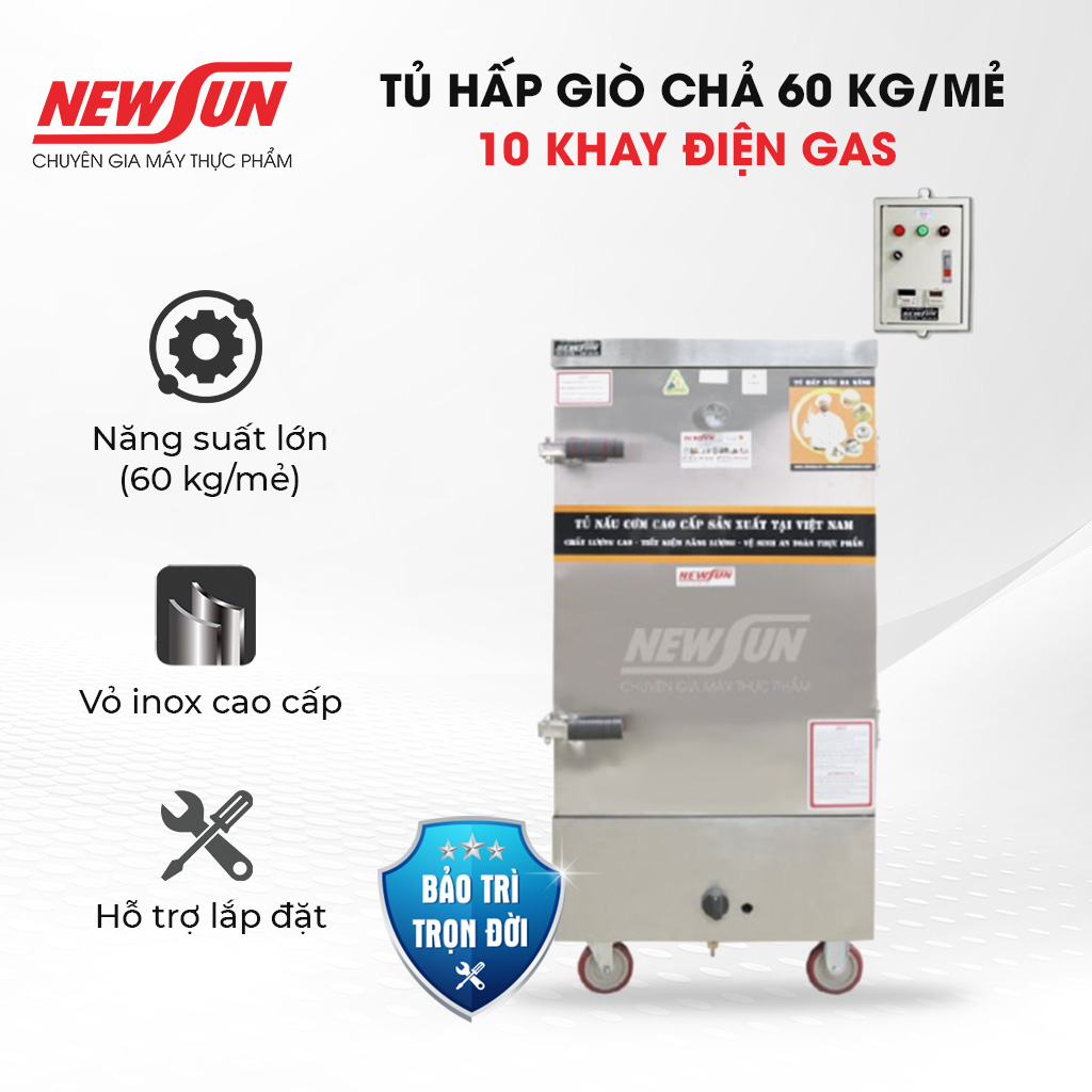 Tủ Hấp Giò Chả, Thực Phẩm 60 Kg Bằng Điện Gas 10 Khay inox 304 NEWSUN, Năng Suất Cao - Hàng Chính Hãng