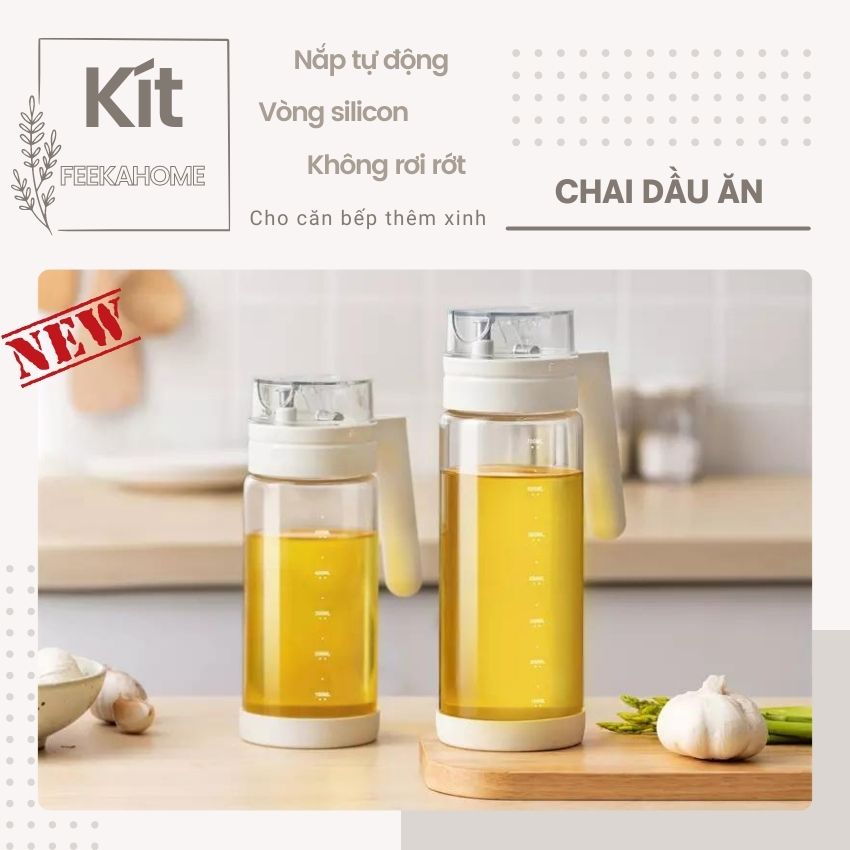 Chai đựng dầu ăn thủy tinh thông minh cao cấp nắp tự đóng mở