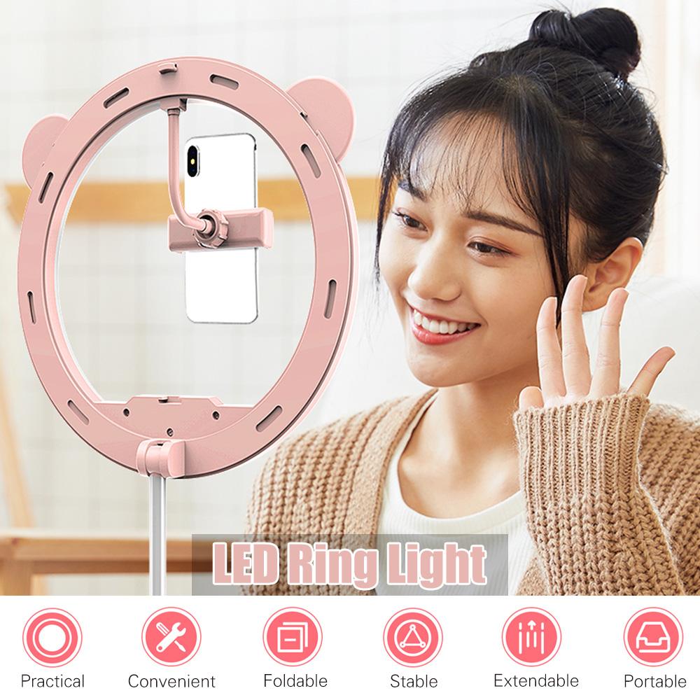 Đèn LED vòng tròn di động có thể gập lại với giá đỡ điện thoại 3 chế độ màu & 10 mức độ sáng để trang điểm