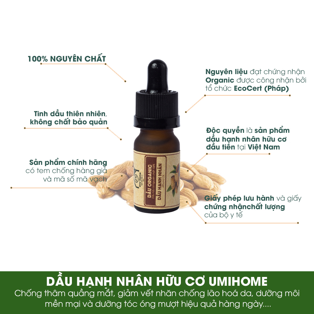 Dầu Hạnh Nhân Nguyên Chất UMIHOME (10ml) - Dùng dưỡng da giảm thiểu mụn, sẹo, chống lão hoá da hiệu quả